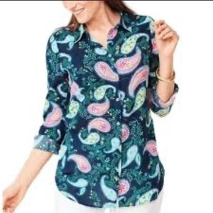Talbots blouse 1X Garden Paisley cotton button-up blue lightweight resort spring